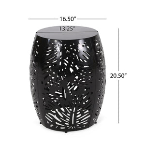 English Elm Metal Cylindrical Accent Table Powder Coated Iron with Tropical Palm Leaf Lattice Design Black 73613.00BLK