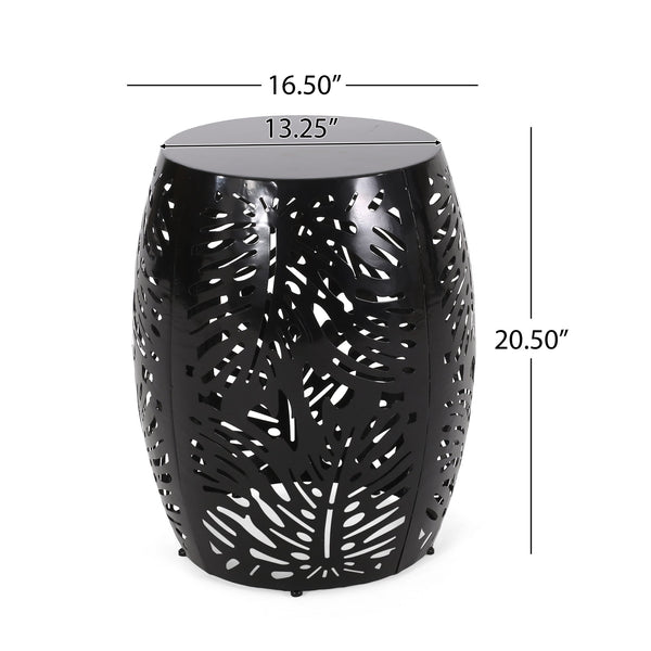 English Elm Metal Cylindrical Accent Table Powder Coated Iron with Tropical Palm Leaf Lattice Design Black 73613.00BLK