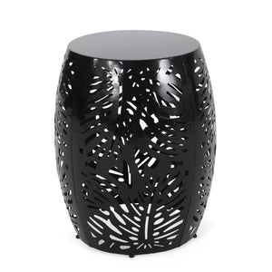English Elm Metal Cylindrical Accent Table Powder Coated Iron with Tropical Palm Leaf Lattice Design Black 73613.00BLK