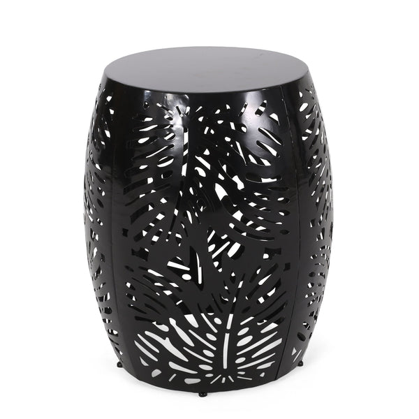 English Elm Metal Cylindrical Accent Table Powder Coated Iron with Tropical Palm Leaf Lattice Design Black 73613.00BLK