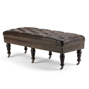 English Elm Henley Distressed Brown Tufted Ottoman Bench with Nailhead Trim, Carved Legs & Casters for Entryway B136P158203