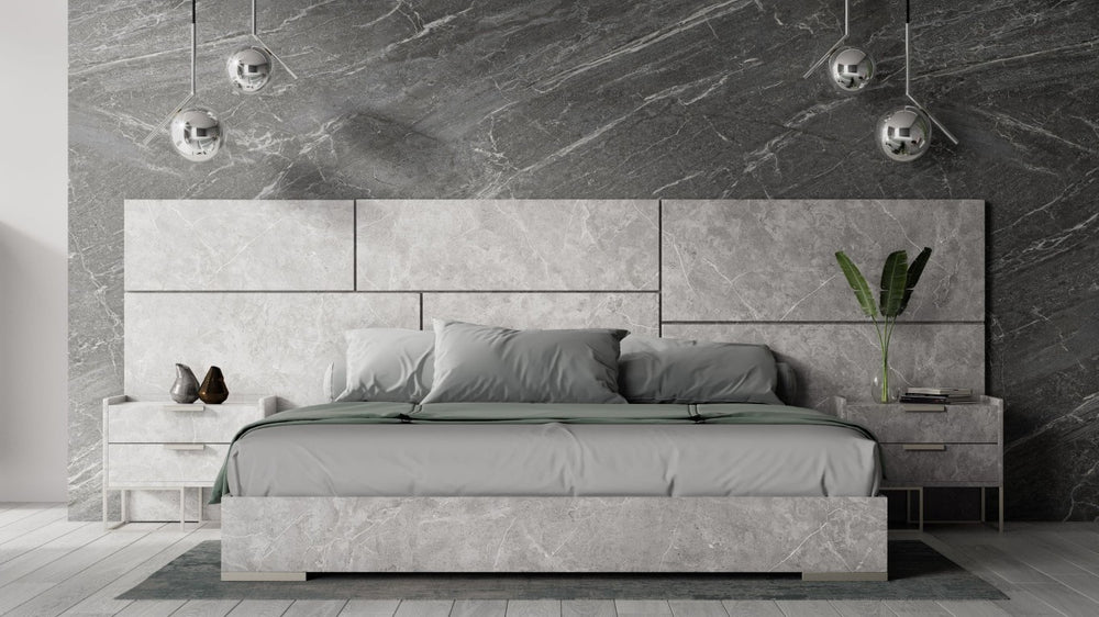 VIG Furniture Eastern Italian Marbella Marble-Effect Platform Frame With Matte Black Legs And Nightstands, Sleek Modern Design Grey Bed VGACMARBELLA-GRY-BED-EK