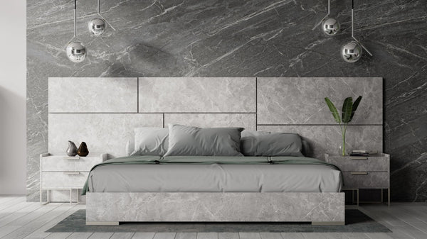 VIG Furniture Eastern Italian Marbella Marble-Effect Platform Frame With Matte Black Legs And Nightstands, Sleek Modern Design Grey Bed VGACMARBELLA-GRY-BED-EK