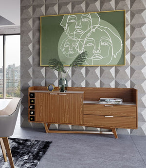 VIG Furniture James Sculptural Walnut Buffet With White Engineered Marble Top, Asymmetrical Base & Wine Cubby VGCSSB-19078-WAL-BUF