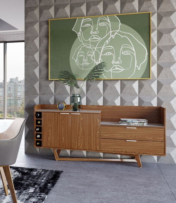 VIG Furniture James Sculptural Walnut Buffet With White Engineered Marble Top, Asymmetrical Base & Wine Cubby VGCSSB-19078-WAL-BUF