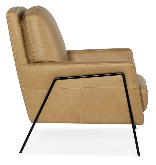 Hooker Furniture Amette Sculptural Club Chair In Top-Grain Anker Sand Leather With Slender Metal Frame, Modern Comfort Light Brown CC452-009