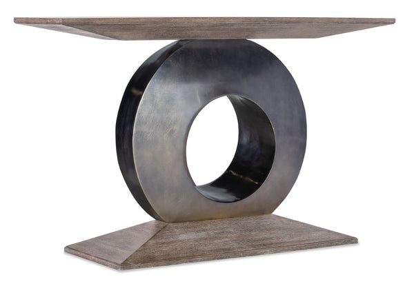 Hooker Furniture Modern Mood Accent Console With Wire-Brushed Oak Veneer And Metal-Wrapped Circular Base, Sculptural Statement Medium Brown 6850-85004-89