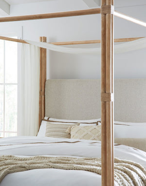 Hooker Furniture Retreat Cal King Upholstered Poster Bed With Canopy, Neo Cream Headboard, Rattan Poles & Distressed Oak 88.00 L x 81.50W x 90.00H 6950-90466-80