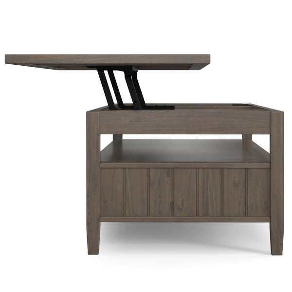 English Elm Lev Lift Top Coffee Table in Smoky Brown Solid Wood with Storage, Drawers & Brushed Bronze Handles B136P158826