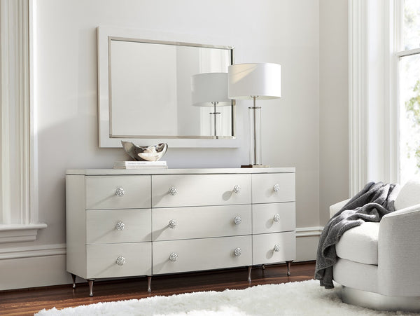Bernhardt Bernhardt Silhouette Dresser With 9 Soft-Close Drawers, Eggshell Finish, Polished Steel & Kabebe Shell Accents 307054