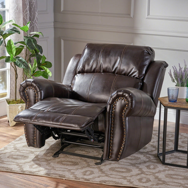 English Elm Christopher Knight Home® - GLIDING Recliner with Faux Leather Upholstery, Nailhead Trim, Foam Support and Pushback Comfort Dark Brown 57339.00PU