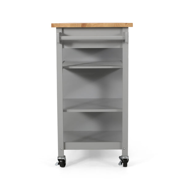 English Elm Christopher Knight Home® - Kitchen Island Cart with Solid Rubberwood Top, 41.75" Mobile Island with Drawer, Cabinet, Shelves & Wheels Grey 67756.00NATGRY