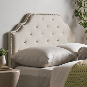 English Elm Tufted Queen Headboard with Nailhead Trim Solid Wood Frame and Adjustable Metal Legs Ivory 57877.00IVY