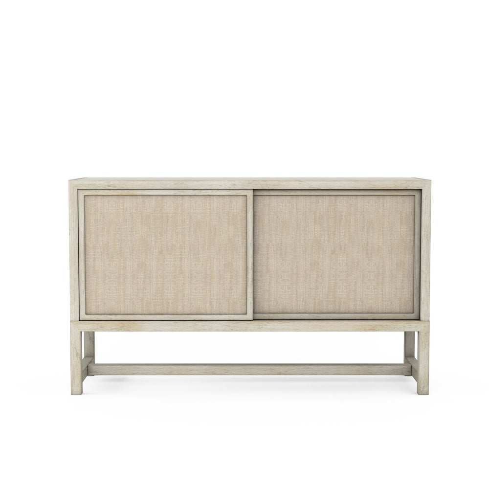 A.R.T. Furniture Cotiere Sideboard With Terrazzo Stone Top, Adjustable Shelves, And Elegant Linen-wrapped Doors Beige Parawood Solids,Mixed Split Cathedral Quarter,White Oak Veneer,Fabric,Terrazzo Stone 299251-2349