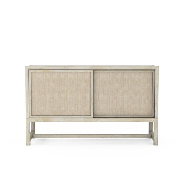 A.R.T. Furniture Cotiere Sideboard With Terrazzo Stone Top, Adjustable Shelves, And Elegant Linen-wrapped Doors Beige Parawood Solids,Mixed Split Cathedral Quarter,White Oak Veneer,Fabric,Terrazzo Stone 299251-2349