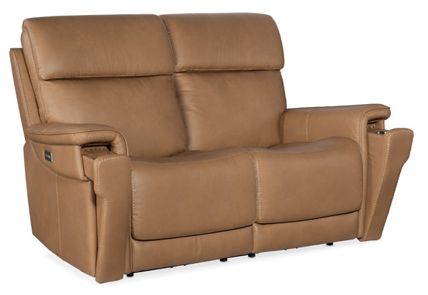 Hooker Furniture Lyra Semi-Aniline Leather Zero-Gravity Loveseat With Power Headrest, Lumbar, Usb, Cupholder Light Brown SS608-PHZL2-082
