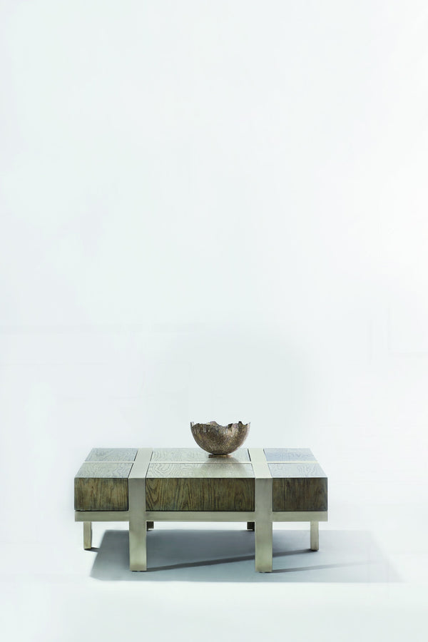 Bernhardt Bernhardt Leigh Square Cocktail Table With Rustic Gray White Oak Veneer & Tarnished Nickel Frame, 46" 369023