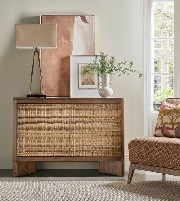 Hooker Furniture Eleana Sculptural Two-Door Chest In Light Caramel Walnut With Sunlit Bronze Doors, Soft-Close Storage 7252-85002-85