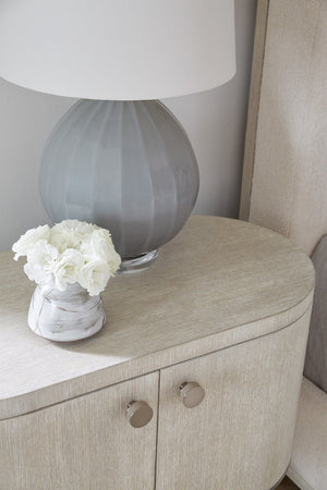 Hooker Furniture Modern Mood Oval Nightstand With Floating Metal Base, Quartersawn Oak Veneer, Soft-Close Doors, Cable Management Light Brown 6850-90317-80