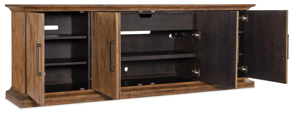 Hooker Furniture Big Sky Media Console Rustic Pecky Hickory 90" Entertainment Credenza W/ Ventilation, Soft-Close Doors, Bronze Accents 6700-55490-80