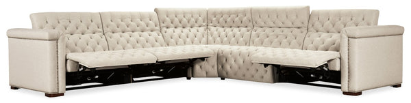 Hooker Furniture Savion Luxe 5-Seat Sectional In Aries Beach Fabric With Chesterfield Tufting And Power Recline Features 132.00 L x 132.00W x 28.75H SS435-5PC3-414