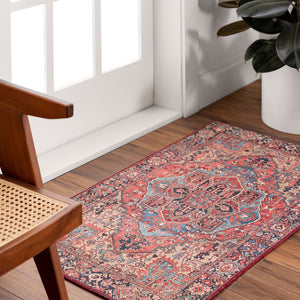 Livabliss Iris Traditional Flatweave Polyester Area Rug for Large Living and Dining Spaces Red, Ink Blue 3'11" x 3'11" IRS2310-4SQ