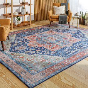 Livabliss Iris Floral Machine Woven Polyester Accent Rug for Entryway Bathroom or Bedroom Navy, Peach 7'6" x 9'6" IRS2312-7696