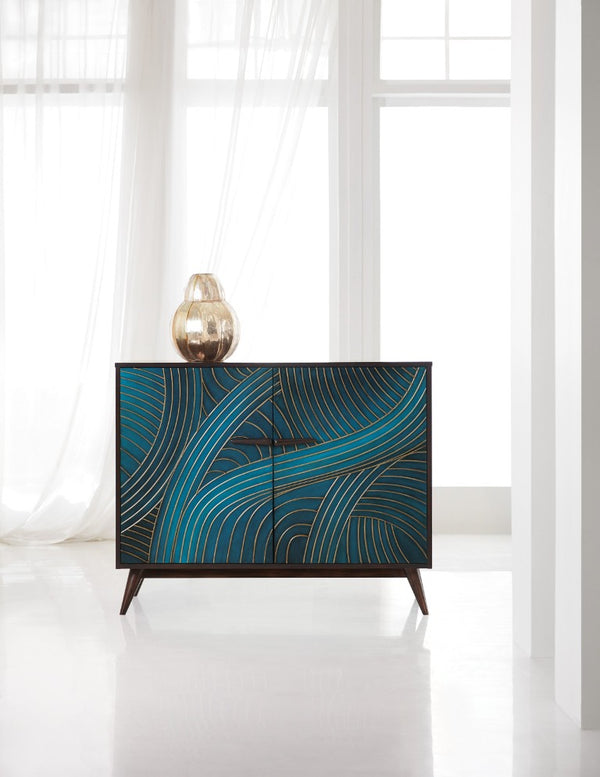 Hooker Furniture Melange Esperanza Two-Door Chest With Teal & Gold Gesso Finish, Walnut Veneers, Rattan Accent Storage 638-85451-45