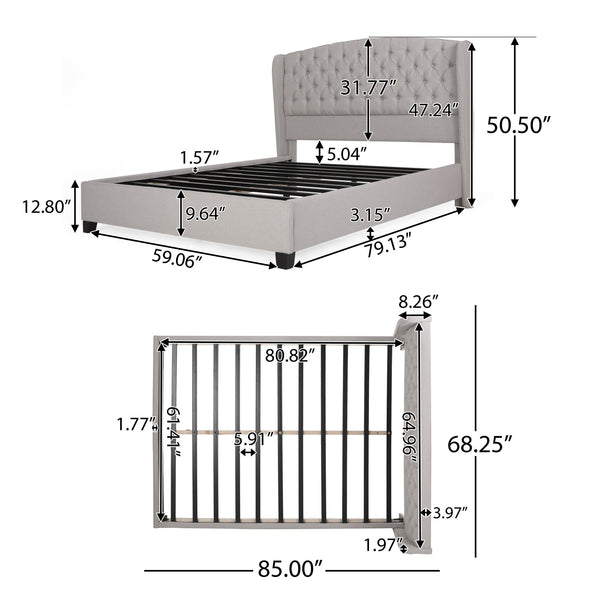 English Elm Queen Wingback Platform Bed Tufted Polyester Upholstery Solid Birch Legs Bedroom 60542.00LGY-Q-FULL BED