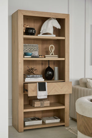 A.R.T. Furniture Garrison Bookcase - Elegant Washed Oak Storage With Adjustable Glass Shelves & Touch Dimmer Light Brown Parawood Solids With Ash Embossing,White Oak Veneers,Glass 322401-1302