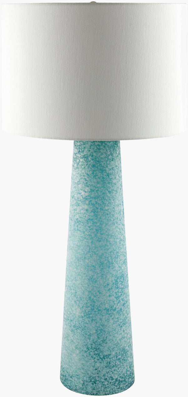 Surya Isolde Accent Table Lamp - 39" Chic Glass Design With Linen Shade & Metal Finial For Elegant Lighting Body, Blue,Shade, White,Finial, Metallic ,Nickel,Harp, Metallic ,Nickel,Cord, Translucent Glass,Linen,Metal,Iron Isd-001