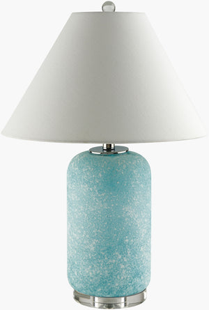 Surya Isolde Accent Table Lamp - 39" Chic Glass Design With Linen Shade & Metal Finial For Elegant Lighting Body, Blue,Shade, White,Finial, Clear,Harp, Metallic ,Nickel,Cord, Translucent Glass,Linen,Metal,Crystal Isd-002