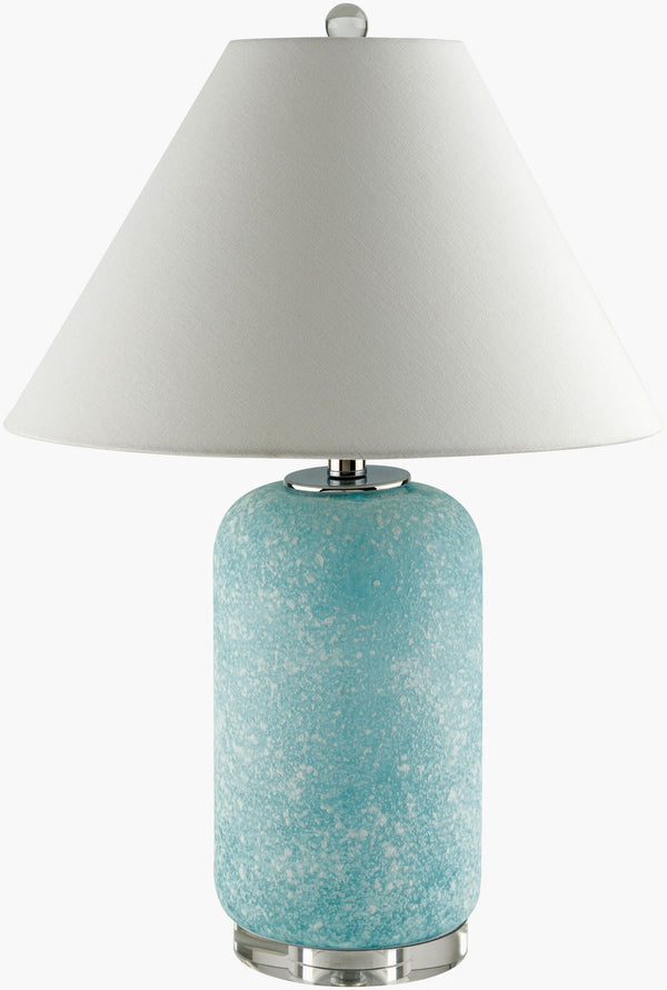 Surya Isolde Accent Table Lamp - 39" Chic Glass Design With Linen Shade & Metal Finial For Elegant Lighting Body, Blue,Shade, White,Finial, Clear,Harp, Metallic ,Nickel,Cord, Translucent Glass,Linen,Metal,Crystal Isd-002