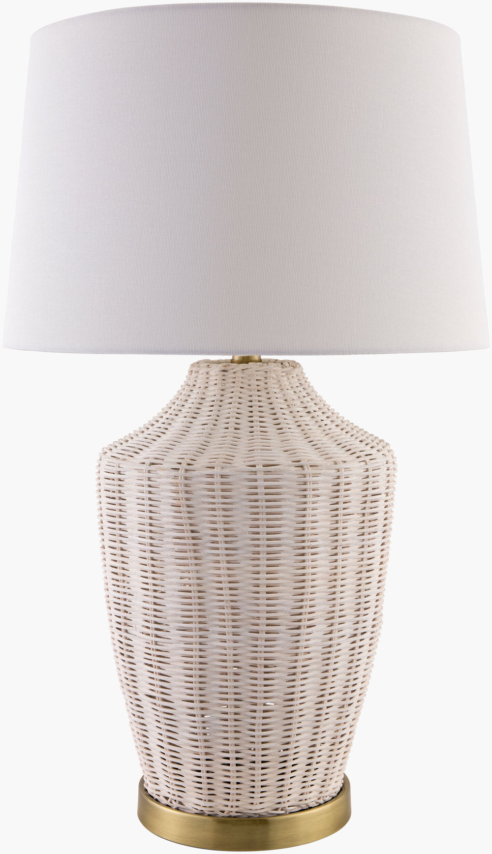 Surya Isola Accent Table Lamp - 28" Rattan & Iron Design With Elegant Linen Shade For Cozy Ambiance Body, Wheat,Base, Metallic ,Brass,Shade, White,Finial, Metallic ,Brass,Harp, Metallic ,Gold,Cord, Translucent Rattan,Iron,Linen,Linen,Linen,Linen,Iron Isl-001