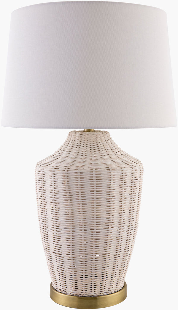 Surya Isola Accent Table Lamp - 28" Rattan & Iron Design With Elegant Linen Shade For Cozy Ambiance Body, Wheat,Base, Metallic ,Brass,Shade, White,Finial, Metallic ,Brass,Harp, Metallic ,Gold,Cord, Translucent Rattan,Iron,Linen,Linen,Linen,Linen,Iron Isl-001