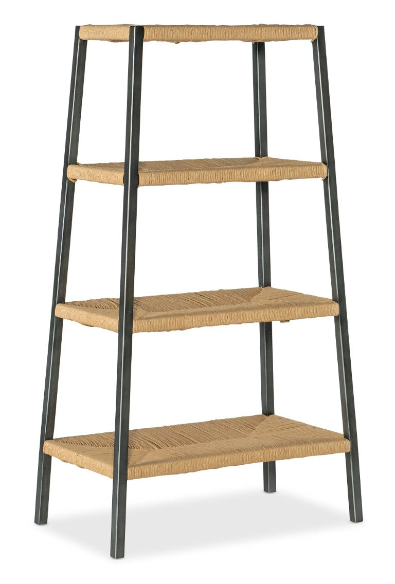 Hooker Furniture Commerce Rustic Metal & Rush Bookcase — Industrial Black Frame, 3 Fixed Shelves, Textured Natural Display (48") 7228-50649-00