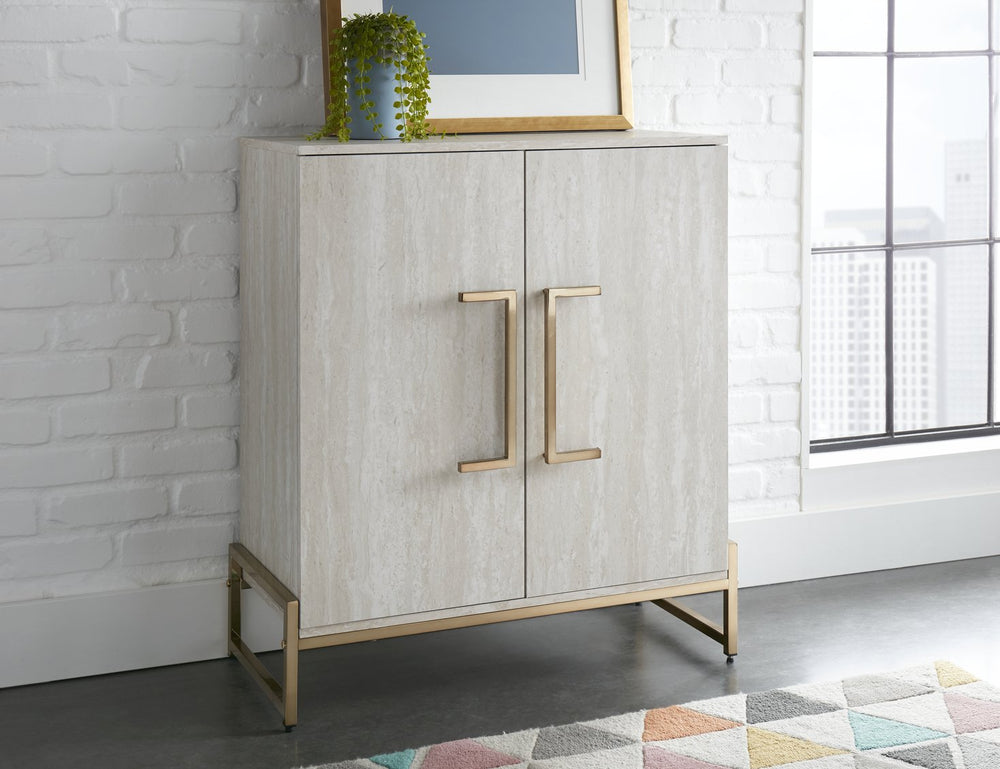 English Elm Steve Silver - Larkin Faux Marble Wine Cabinet in Pearl Silver with Stemware Racks, Bottle Storage & Easy-Open Doors B081P157072