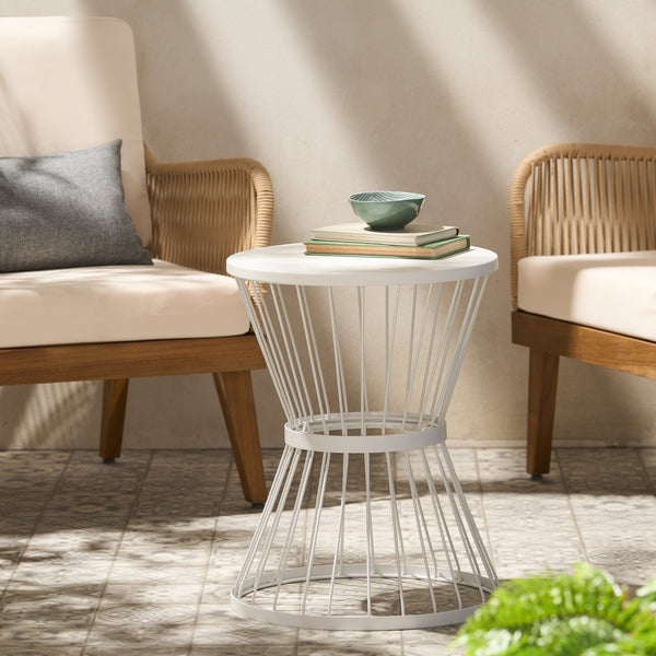 English Elm Lassen Outdoor Side Table Sculptural Hourglass Frame Compact Patio Accent 62073.00WHI