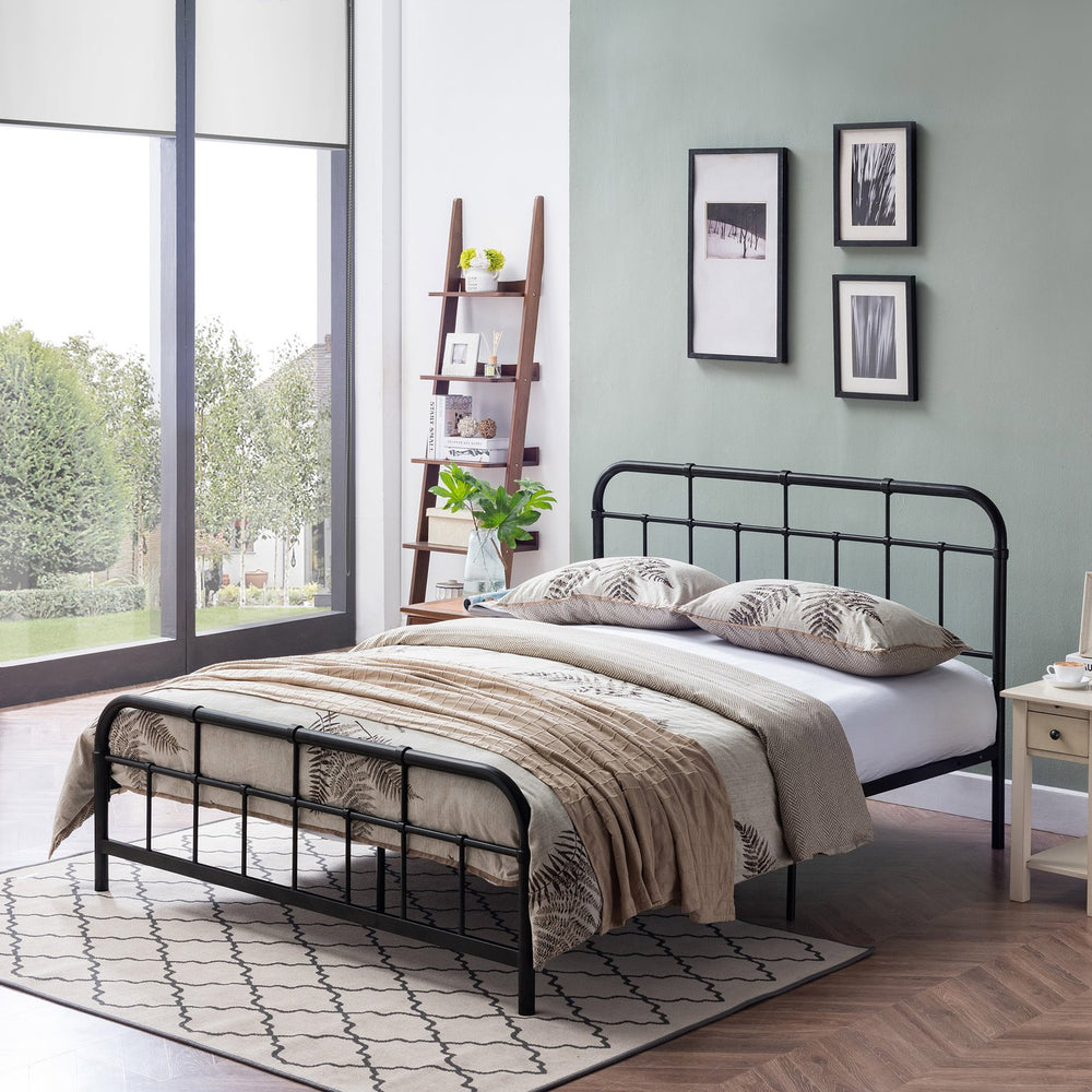 English Elm Queen Iron Platform Bed Pipe Style Frame No Box Spring Needed Industrial Loft Bedroom Black 64072.00FBLK-Q
