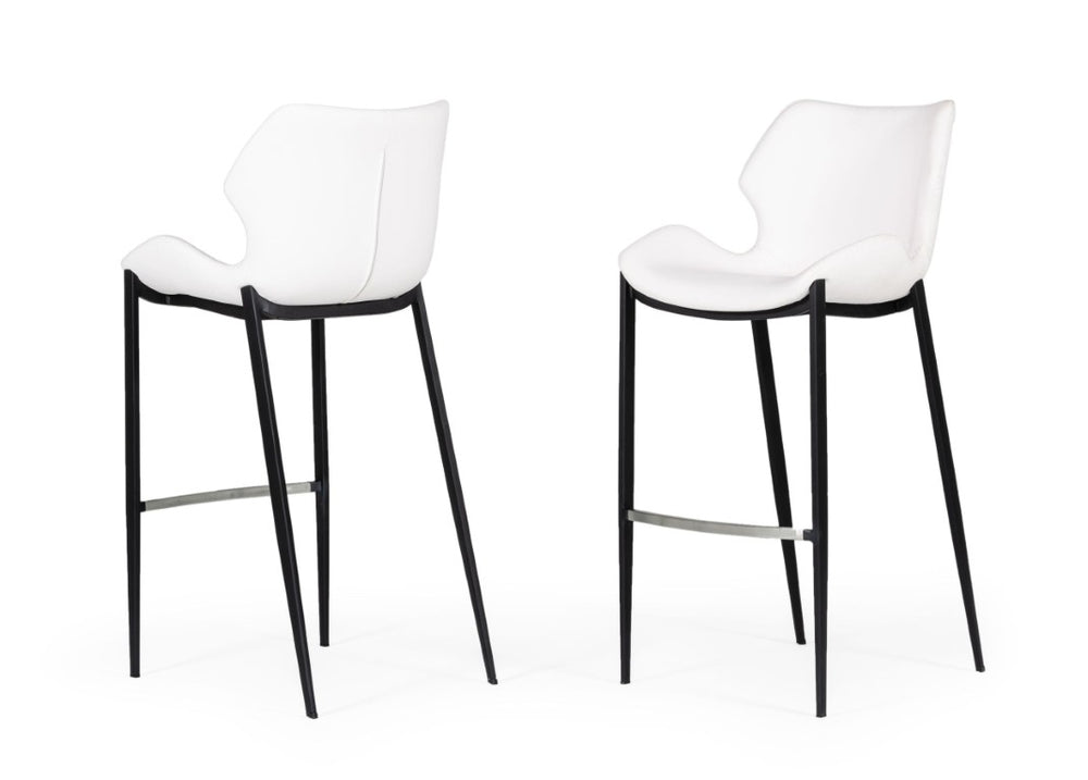 VIG Furniture Ithaca White Leatherette Bar Stool Set Of 2 — Mid-Century Modern Saddle Seat, Black Legs, Stainless Footrail VGHR5409B-WHT