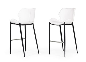 VIG Furniture Ithaca White Leatherette Bar Stool Set Of 2 — Mid-Century Modern Saddle Seat, Black Legs, Stainless Footrail VGHR5409B-WHT