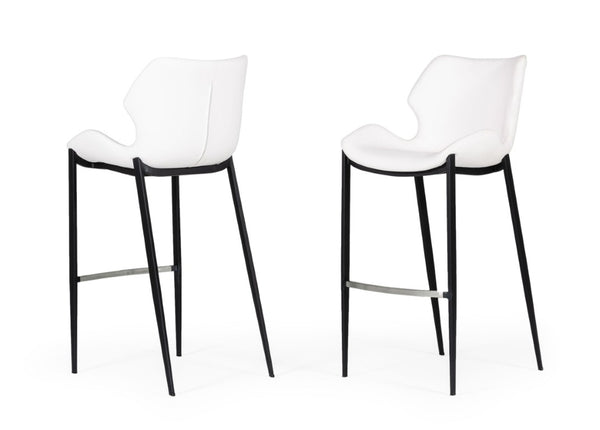 VIG Furniture Ithaca White Leatherette Bar Stool Set Of 2 — Mid-Century Modern Saddle Seat, Black Legs, Stainless Footrail VGHR5409B-WHT
