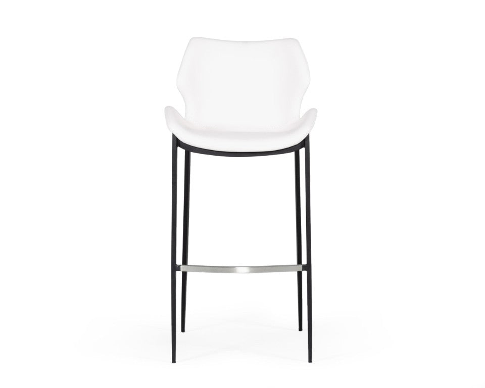 VIG Furniture Ithaca White Leatherette Bar Stool Set Of 2 — Mid-Century Modern Saddle Seat, Black Legs, Stainless Footrail VGHR5409B-WHT