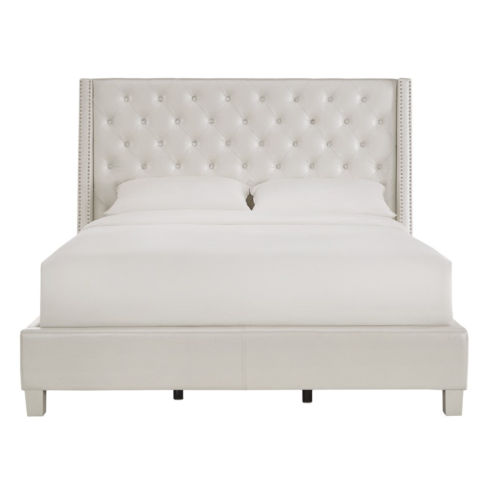 Homelegance By Top-Line Vaughn Faux Leather Crystal Tufted Bed Ivory White Faux Leather