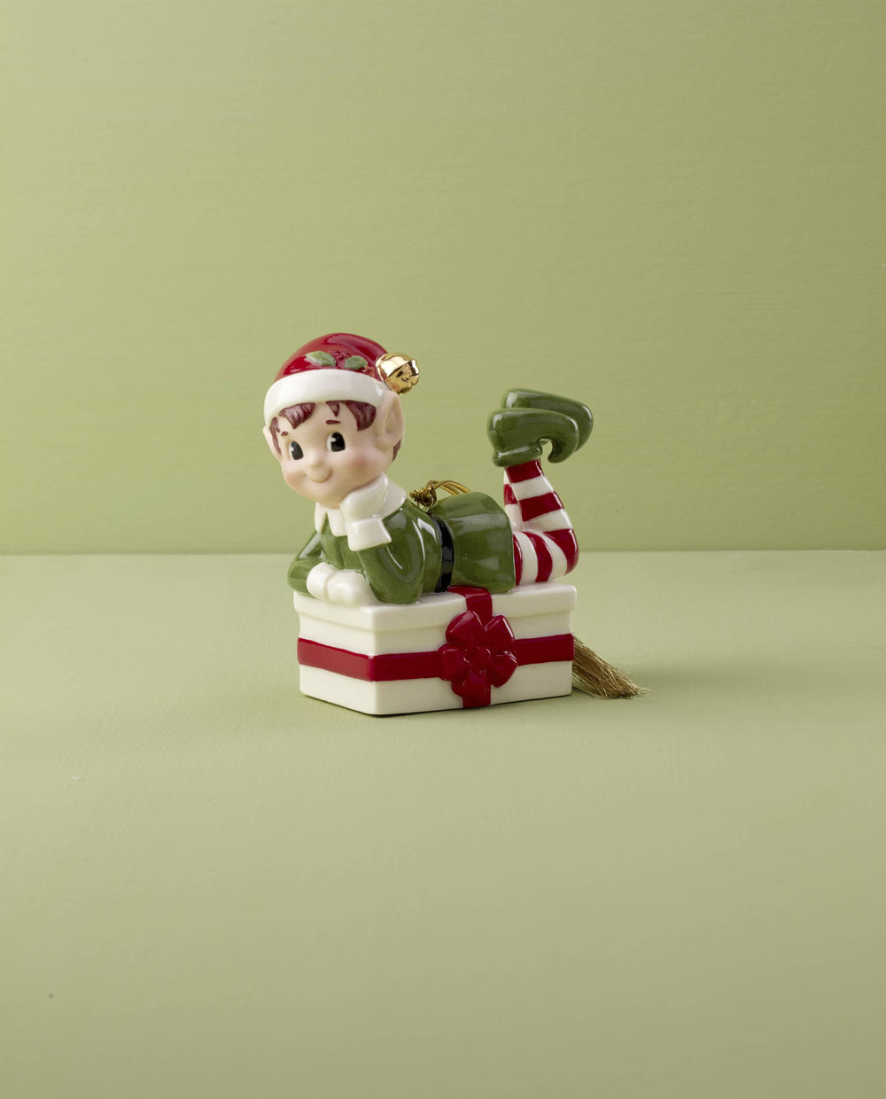 Lenox Christmas Elf Sitting On Present Ornament Green, IVORY PORCELAIN 896180