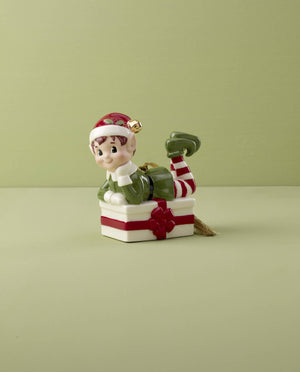 Lenox Christmas Elf Sitting On Present Ornament Green, IVORY PORCELAIN 896180