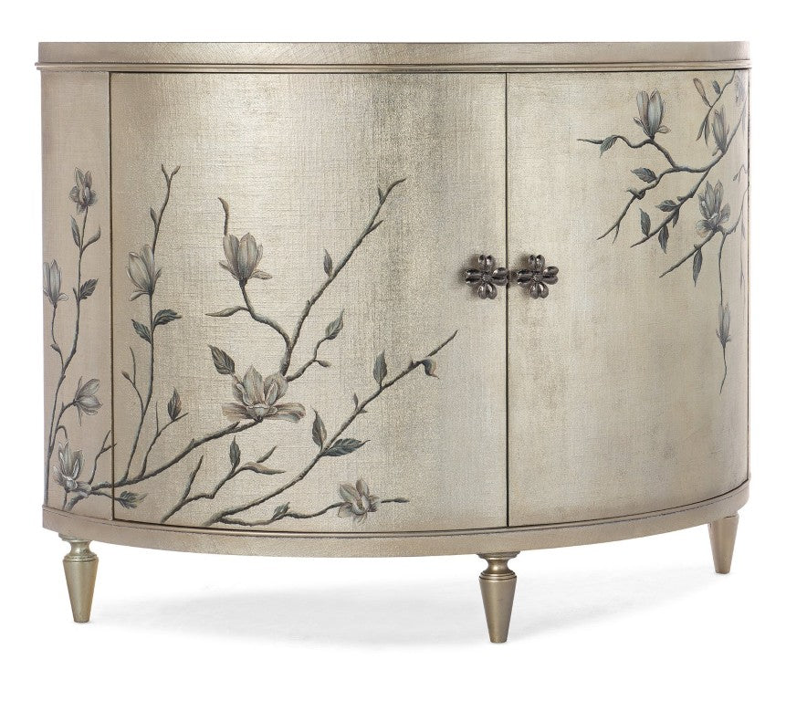 Hooker Furniture Melange Champagne Leaf Linen Demilune Chest With Silver Floral Hardware, French-Inspired Storage Elegance 628-85645-92