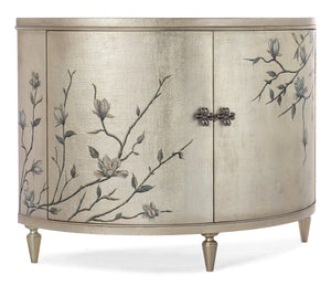 Hooker Furniture Melange Champagne Leaf Linen Demilune Chest With Silver Floral Hardware, French-Inspired Storage Elegance 628-85645-92