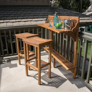 English Elm 3-piece Acacia Balcony Bar Set Railing Mount with Shelf and Two Stools Outdoor 62980.00
