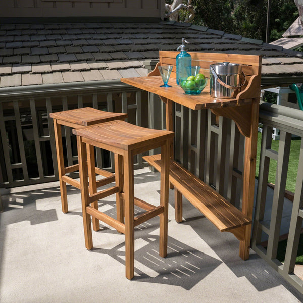English Elm 3-piece Acacia Balcony Bar Set Railing Mount with Shelf and Two Stools Outdoor 62980.00